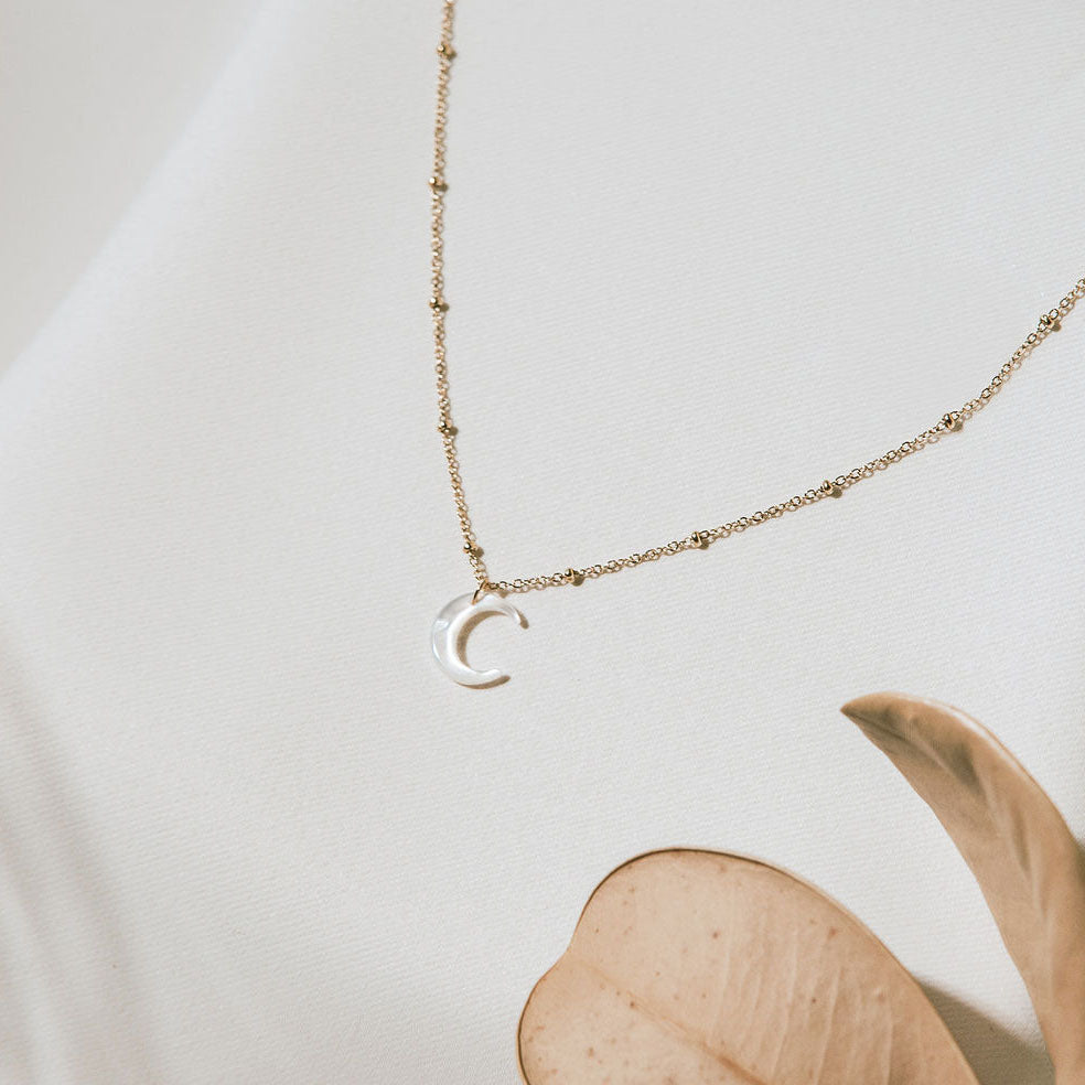 pearled moon with beaded delicate gold chain