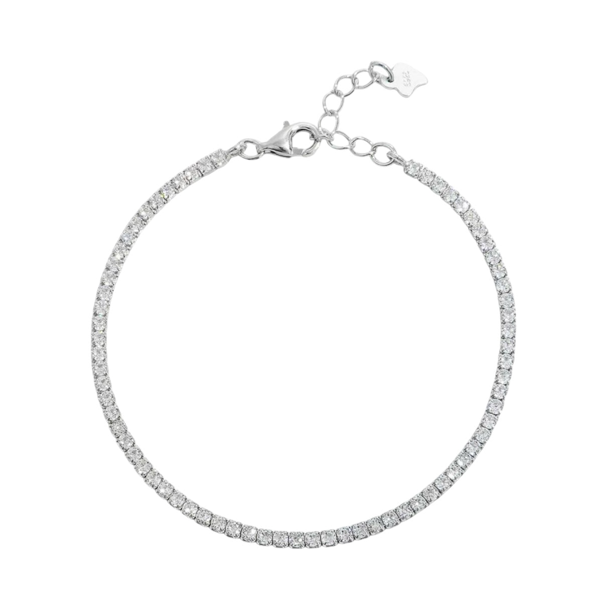 Silver bracelet with clear stones on a white background