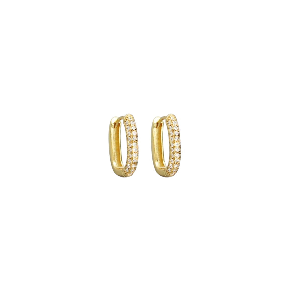 Gold hoop earrings with embedded stones on a white background